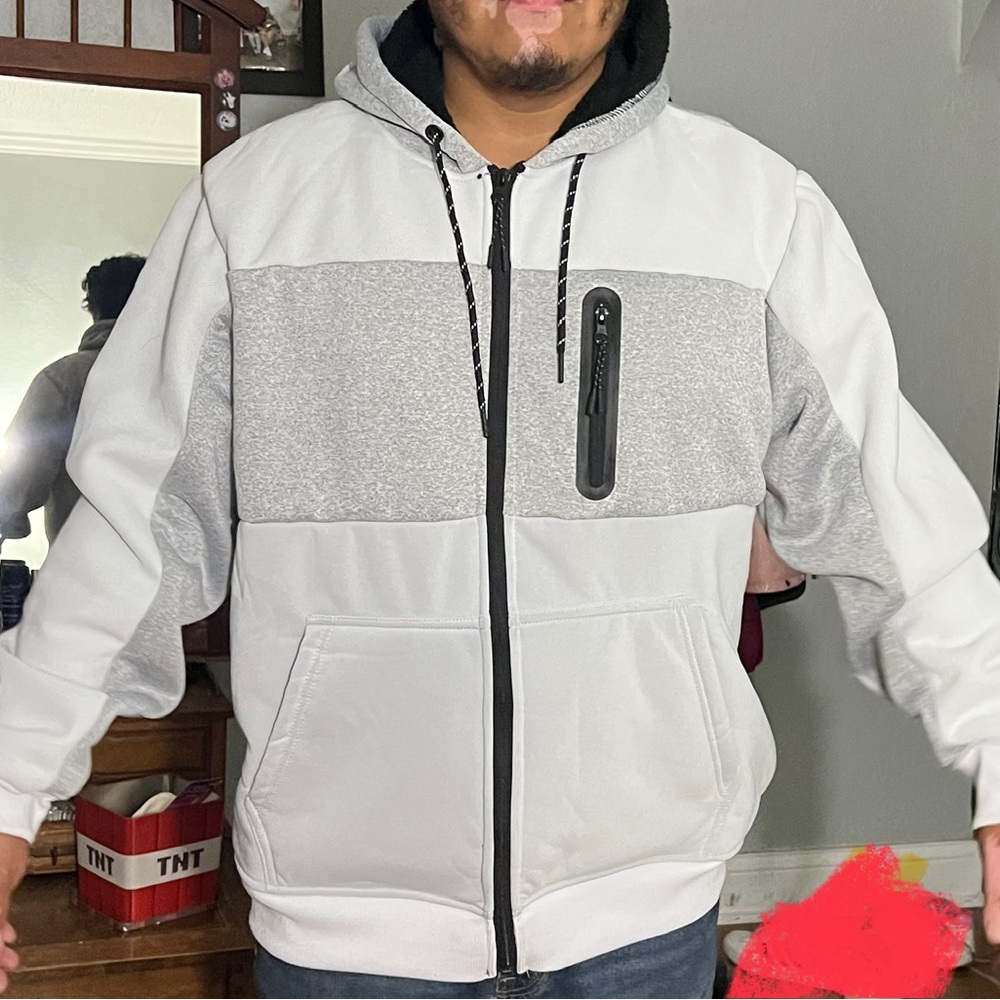 Men's Gray and White Zip-Up Sweater